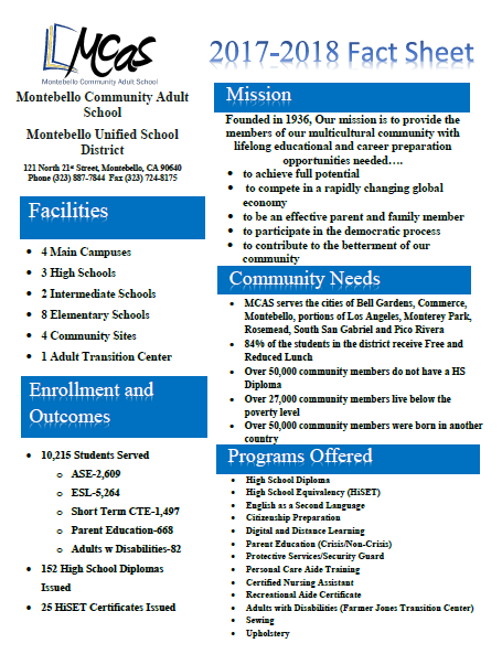 Montebello Community Adult School Fact Sheet 2017-2018